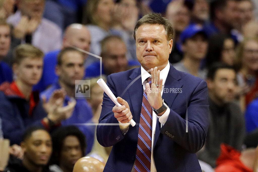 Charlie Riedel Kansas coach Bill Self talks to his players during the second half of the team's NCAA college basketball game against UNC Greensboro on Friday, Nov. 8, 2019, in Lawrence, Kan. Kansas won 74-62. (AP Photo/Charlie Riedel)