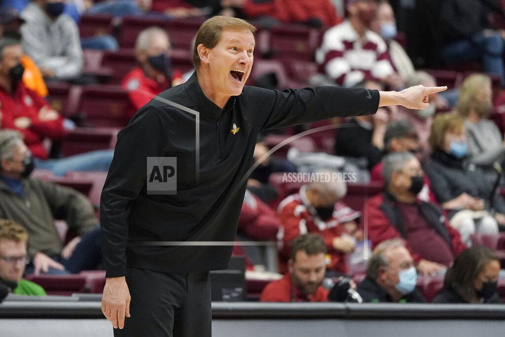 Jeff Chiu Oregon head coach Dana Altman gestures toward players during the second half of his team's NCAA college basketball game against Stanford in Stanford, Calif., Sunday, Dec. 12, 2021. (AP Photo/Jeff Chiu)