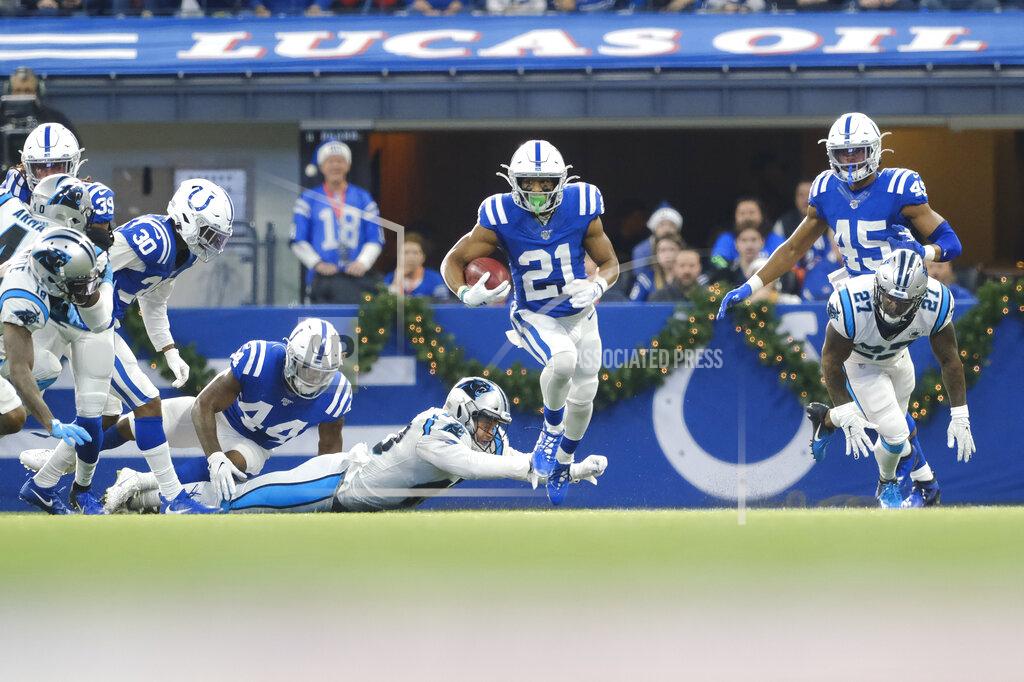 Aj Mast Indianapolis Colts' Nyheim Hines runs back a punt for a touchdown during the first half of an NFL football game against the Carolina Panthers, Sunday, Dec. 22, 2019, in Indianapolis. (AP Photo/AJ Mast)
