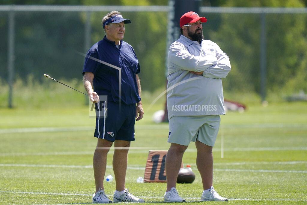 Steven Senne New England Patriots head coach Bill Belichick, left, and coach Matt Patricia, right, stand together during an NFL football practice, in Foxborough, Mass., Thursday, May 27, 2021. (AP Photo/Steven Senne)