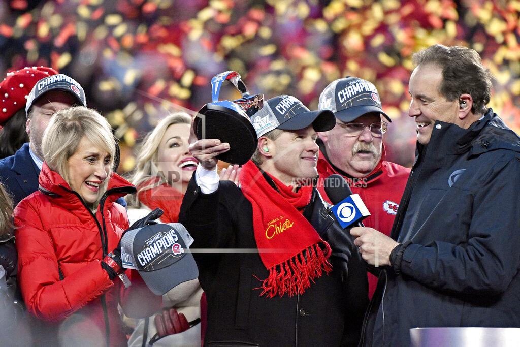 Jeff Roberson Norma Hunt, left, and her son Clark Hunt, center, owners of the Kansas City Chiefs, and Kansas City Chiefs head coach Andy Reid, second right, celebrate after the NFL AFC Championship football game against the Tennessee Titans Sunday, Jan. 19, 2020, in Kansas City, MO. The Chiefs won 35-24 to advance to Super Bowl 54. (AP Photo/Jeff Roberson)