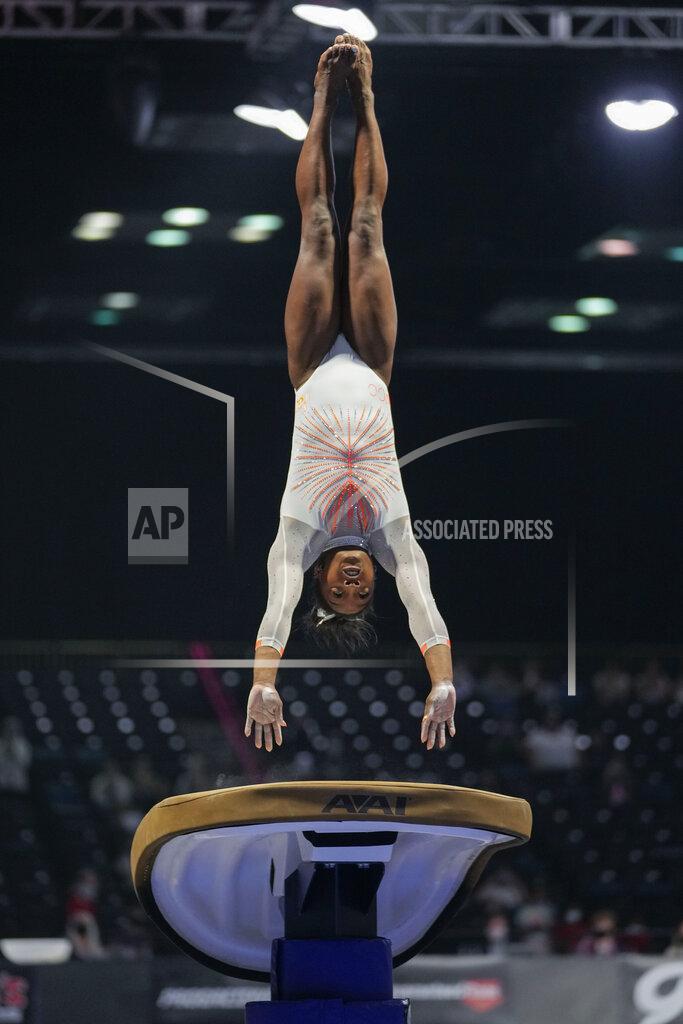 Aj Mast Simone Biles competes in the vault during the U.S. Classic gymnastics event in Indianapolis, Saturday, May 22, 2021. (AP Photo/AJ Mast)