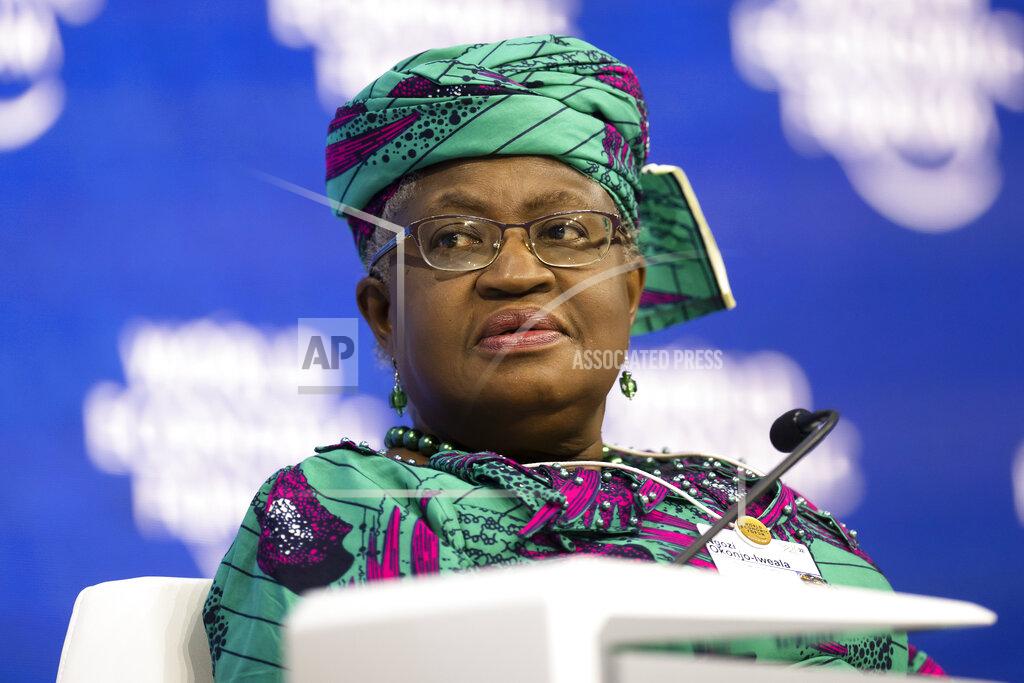 Gian Ehrenzeller Ngozi Okonjo-Iweala, Director-General, World Trade Organization (WTO) and Member of Board of Trustees of the World Economic Forum attends attends a session at the 51st annual meeting of the World Economic Forum, WEF, in Davos, Switzerland, Wednesday, May 25, 2022. (Gian Ehrenzeller/Keystone via AP)