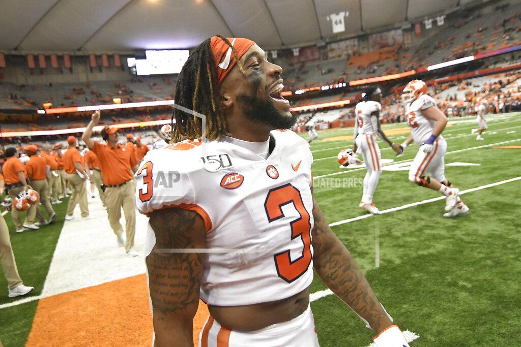 Steve Jacobs Clemson's Xavier Thomas celebrates the team's victory over Syracuse during an NCAA college football game Saturday, Sept. 14, 2019, in Syracuse, N.Y. (AP Photo/Steve Jacobs)