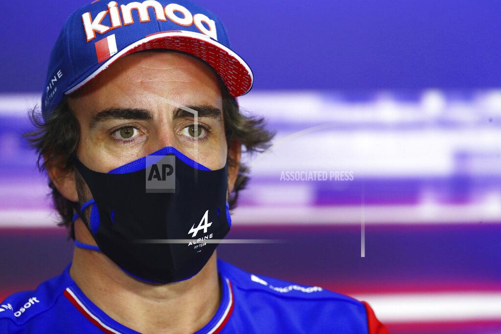 Dan Istitene Alpine driver Fernando Alonso of Spain attends the Formula One Bahrain Grand Prix press conference in Sakhir, Bahrain, Thursday, March 25,2021. (Dan Istitene, Pool via AP)