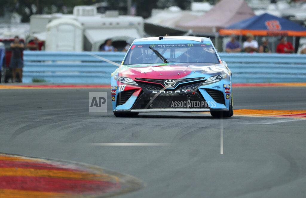 John Munson Kyle Busch drives through the bus stop chicane during practice for the NASCAR Cup Series auto race at Watkins Glen International, Saturday, Aug. 3, 2019, in Watkins Glen, N.Y. (AP Photo/John Munson)