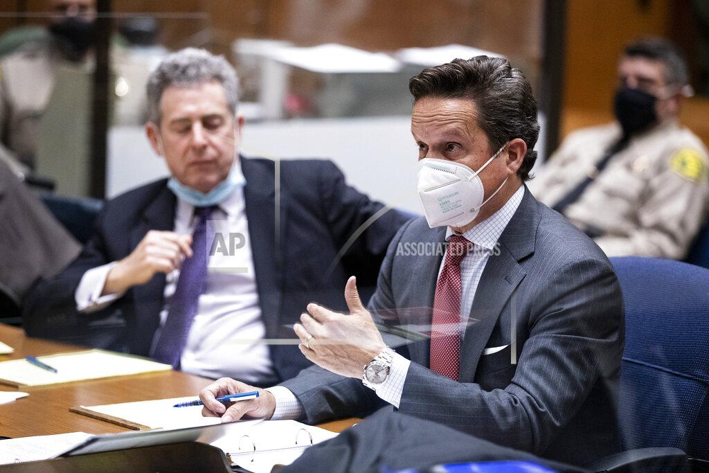Etienne Laurent Attorneys Mark Werksman, left, and Alan Jackson, representing Harvey Weinstein, the 69-year-old convicted rapist and disgraced movie mogul, address the court during a pre-trial hearing in Los Angeles, Thursday, 29 July 2021. (Etienne Laurent/Pool Photo via AP)