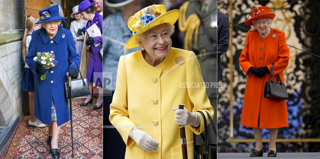 Uncredited This combination of photo shows Britain's Queen Elizabeth II attending a Service of Thanksgiving to mark the Centenary of the Royal British Legion at Westminster Abbey, in London, on Oct. 12, 2021, left, at Paddington station in London, to mark the completion of London's Crossrail project on May 17, 2022, center, and at the Birmingham 2022 Commonwealth Games Queen's Baton Relay event outside Buckingham Palace in London on Oct. 7, 2021. (AP Photo)