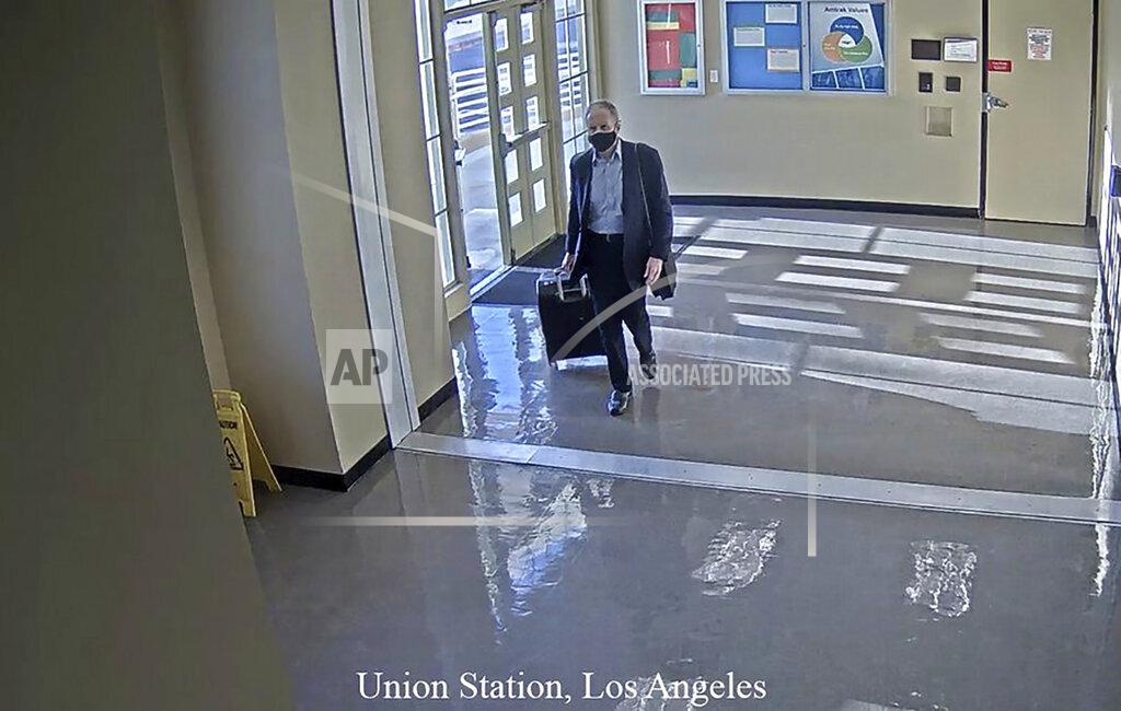 Uncredited This July 11, 2020 surveillance photo provided by the San Bernardino County Sheriff’s Department shows a man who they believe is Roy Den Hollander walking through Union Station in Los Angeles. On July 19, 2020, he shot and killed U.S. District Judge Esther Salas’ son and wounded her husband in New Jersey, and was found dead the next day. (Courtesy of San Bernardino County Sheriff’s Department via AP)