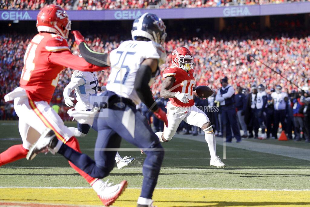 Jeff Roberson Kansas City Chiefs' Tyreek Hill (10) runs for a touchdown during the first half of the NFL AFC Championship football game against the Tennessee Titans Sunday, Jan. 19, 2020, in Kansas City, MO. (AP Photo/Jeff Roberson)