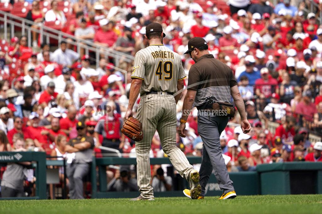 Jeff Roberson San Diego Padres starting pitcher Jake Arrieta (49) leaves a baseball game against the St. Louis Cardinals during the first inning Sunday, Sept. 19, 2021, in St. Louis. (AP Photo/Jeff Roberson)