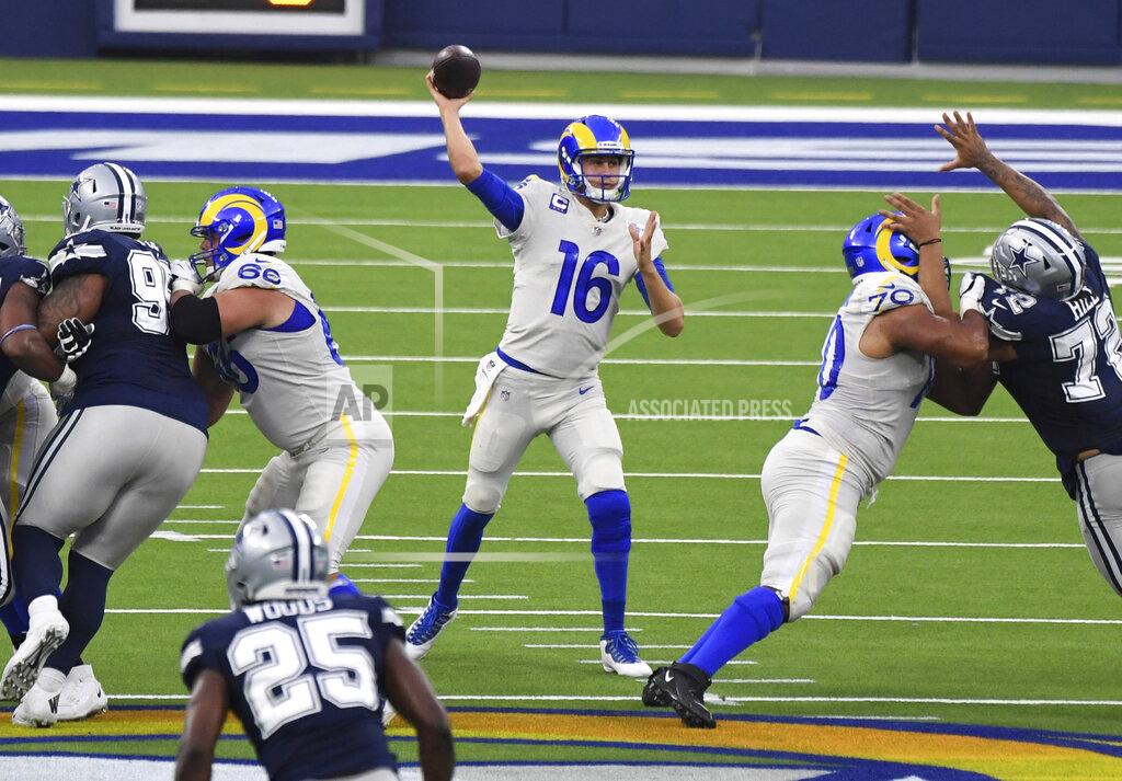 Keith Birmingham Quarterback Jared Goff (16) of the Los Angeles Rams passes against the Dallas Cowboys in the first half of a NFL football game on opening night at SoFi Stadium in Inglewood on Sunday, September 13, 2020. (Keith Birmingham/The Orange County Register via AP)