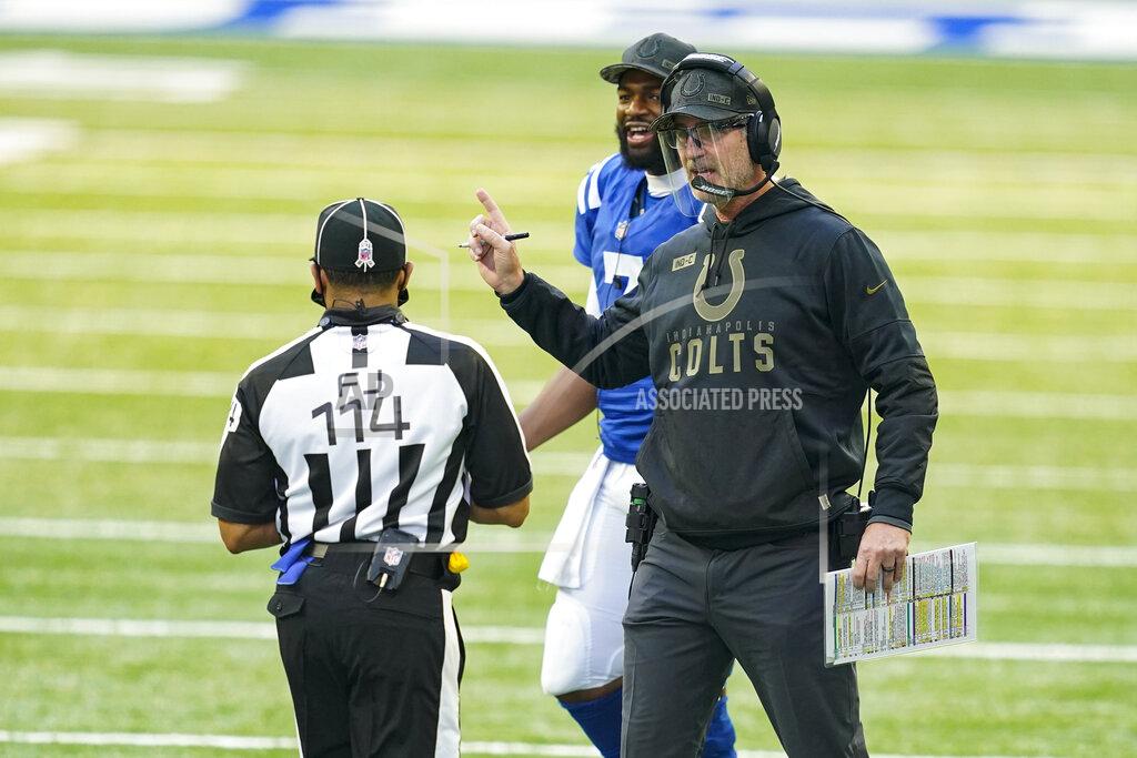 Darron Cummings Indianapolis Colts head coach Frank Reich argues a non-call with official Dominique Pender in the first half of an NFL football game against the Baltimore Ravens in Indianapolis, Sunday, Nov. 8, 2020. (AP Photo/Darron Cummings)