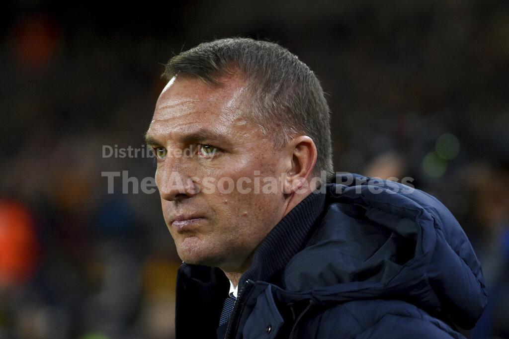 Leicester's manager Brendan Rodgers is seen before the English Premier League soccer match between Wolverhampton Wanderers and Leicester City at the Molineux Stadium in Wolverhampton, England, Friday, Feb. 14, 2020. (AP Photo/Rui Vieira)