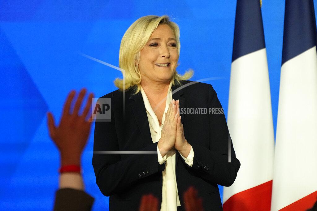 Francois Mori FILE - Far-right leader Marine Le Pen speaks after the early result projections of the French presidential election runoff were announced in Paris, April 24, 2022. A month before the first round of voting, the campaign for the 577 seats in France’s lower house of parliament has been brutal. After losing to Macron in the April presidential election, far-right leader Marine Le Pen now faces a challenge from her political nemesis, hard-left leader Jean-Luc Melenchon who has set his sights on becoming prime minister. (AP Photo/Francois Mori)