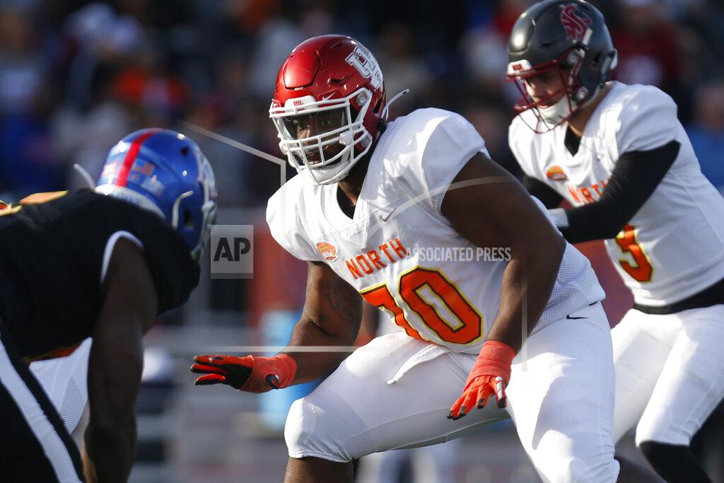 Butch Dill FILE - In this Jan. 25, 2020, file photo, North offensive tackle Josh Jones of Houston (70) plays during the second half of the Senior Bowl college football game in Mobile, Ala. Jones was selected by the Arizona Cardinals in the third round of the NFL football draft Friday, April 24, 2020. (AP Photo/Butch Dill)