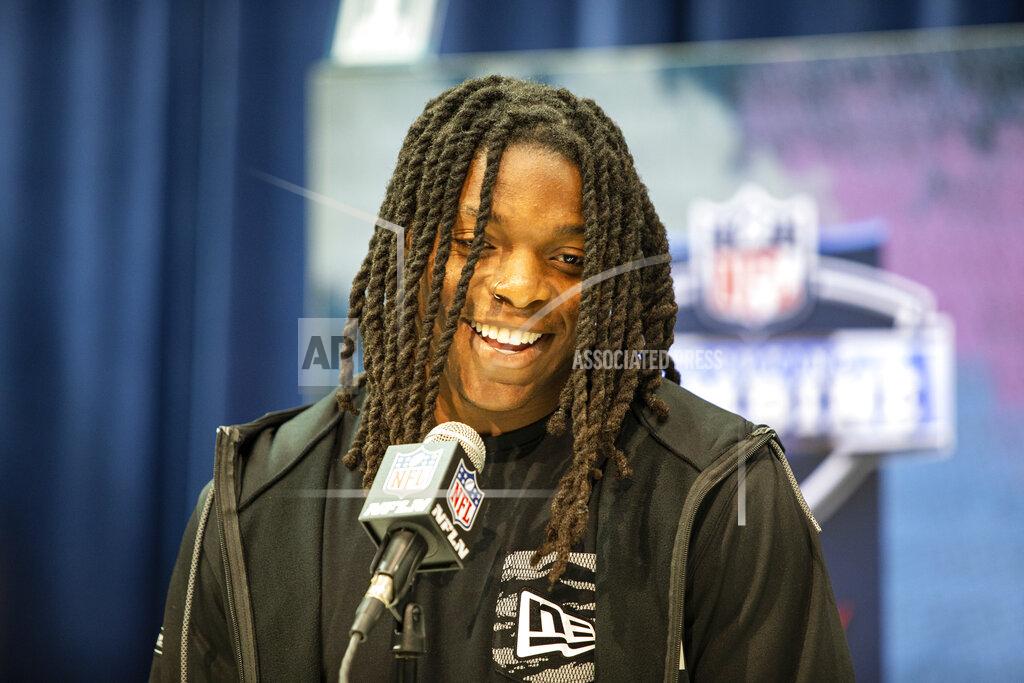 Detroit Lions Laviska Shenault Jr. talks to the media at the NFL Scouting Combine on Tuesday, Feb. 25, 2020 in Indianapolis. (Detroit Lions via AP)