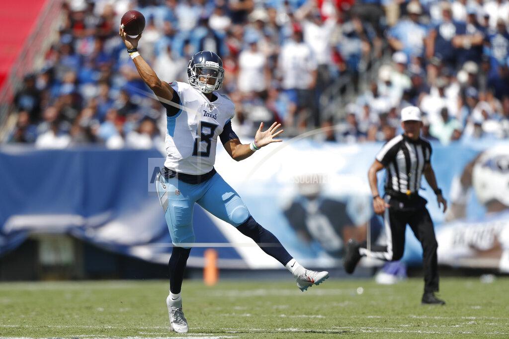Tennessee Titans quarterback Marcus Mariota passes against the Indianapolis Colts in the first half of an NFL football game Sunday, Sept. 15, 2019, in Nashville, Tenn. (AP Photo/Wade Payne)