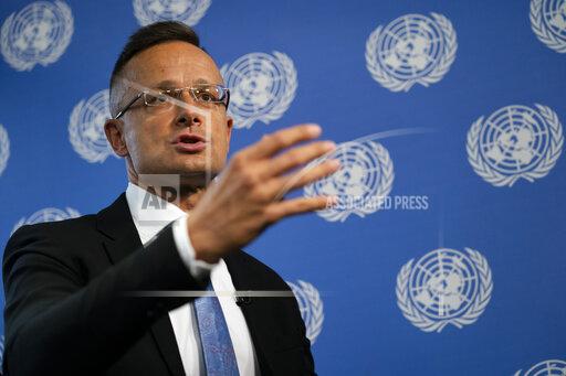 Peter Szijjarto, Hungary's minister of foreign affairs and trade, speaks during an interview with the Associated Press at United Nations headquarters, Thursday, Sept. 23, 2021, during the 76th Session of the U.N. General Assembly in New York. (AP Photo/John Minchillo)