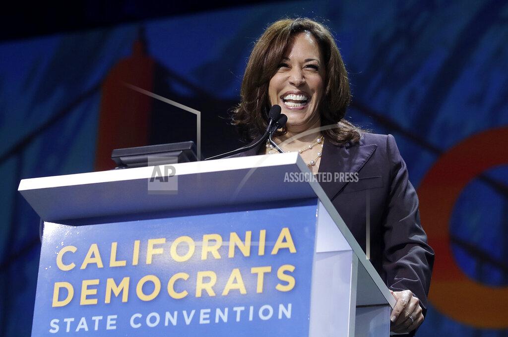 Jeff Chiu FILE - In this June 1, 2019, file photo, then Democratic presidential candidate Sen. Kamala Harris, D-Calif., speaks during the 2019 California Democratic Party State Organizing Convention in San Francisco. The California Democratic Party is holding its 2021 annual convention virtually from Thursday-Sunday, May 2, 2021. (AP Photo/Jeff Chiu, File)