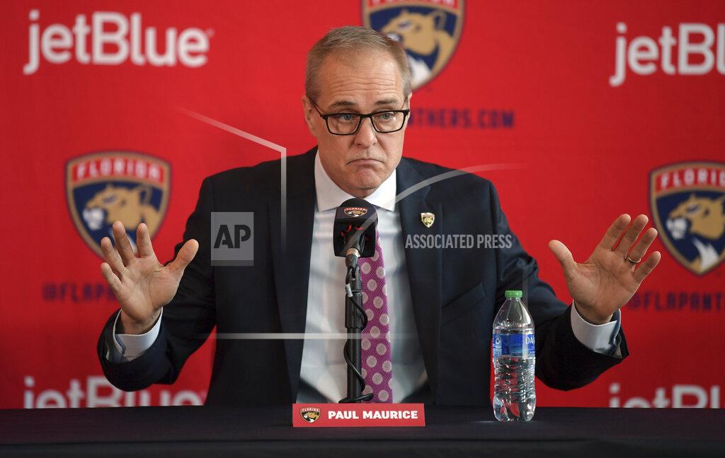 Jim Rassol Paul Maurice, new head coach of the Florida Panthers, responds to questions during an NHL hockey news conference at FLA Live Arena, Thursday, June 23, 2022, in Sunrise, Fla. (AP Photo/Jim Rassol)