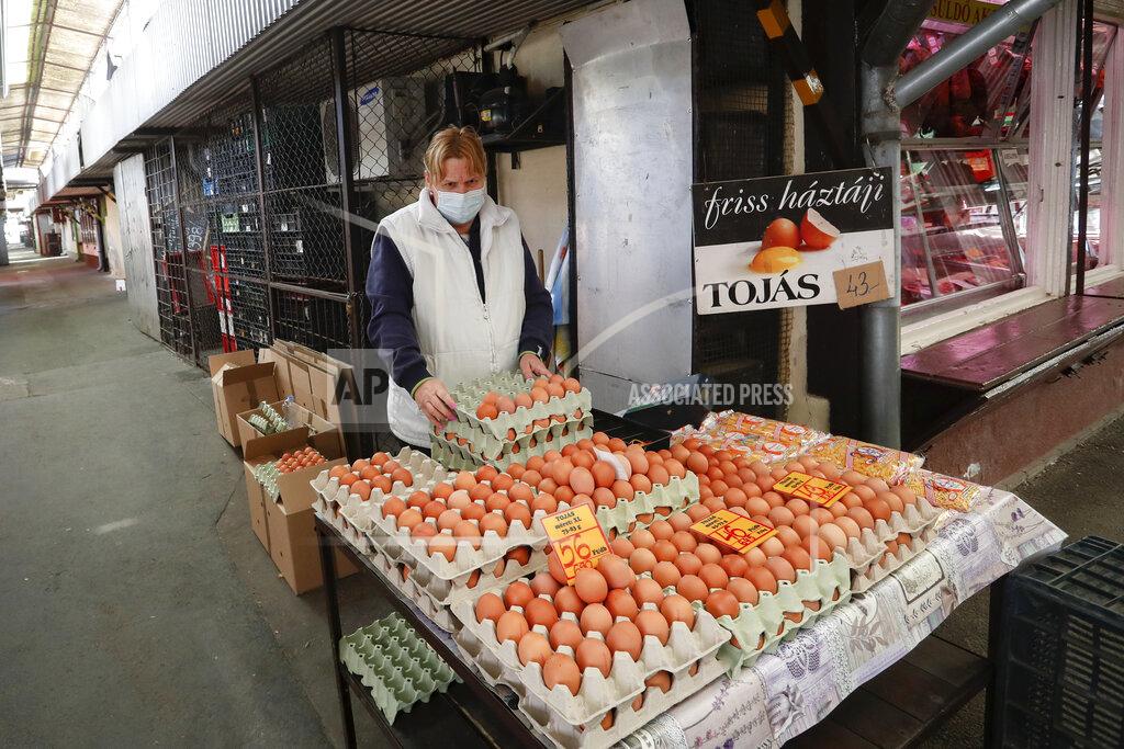Laszlo Balogh An egg vendor waits for customers at a deserted market in Budapest, Hungary, Thursday, March 25, 2021. Hungary, with the world's highest per capita death rate, set a record for daily deaths on Thursday with 252, bringing the death toll to nearly 19,000 in the country, which has a population of less than 10 million. (AP Photo/Laszlo Balogh)