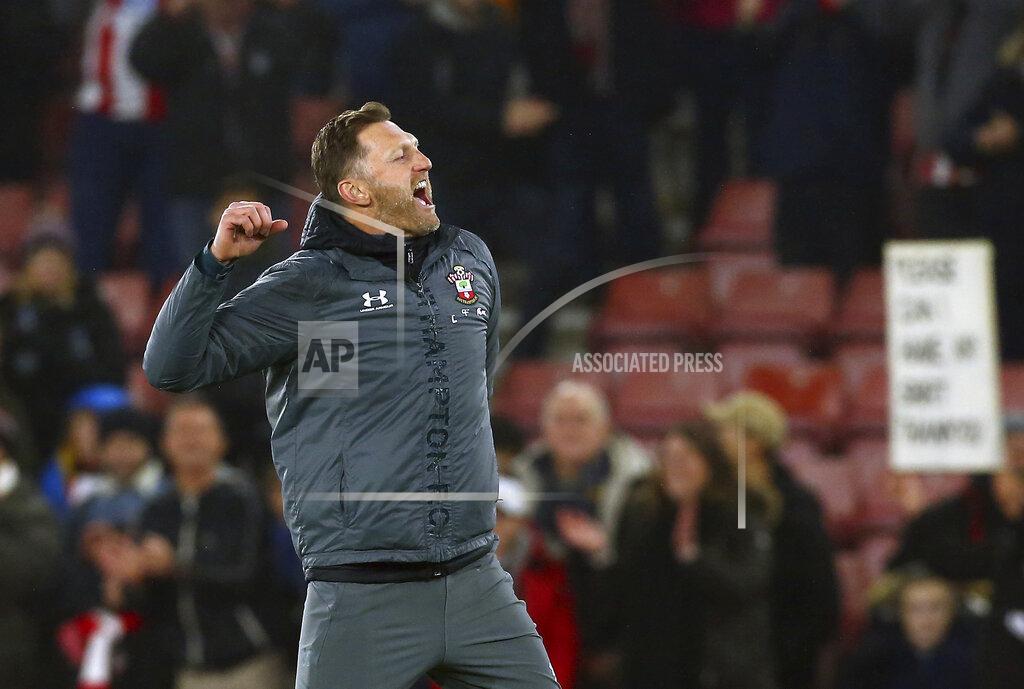 Mark Kerton Southampton manager Ralph Hasenhuttl celebrates at full time against Tottenham, during the English Premier League soccer match between Southampton and Tottenham Hotspur at St Mary's Stadium in Southampton, England, Wednesday Jan. 1, 2020. (Mark Kerton/PA via AP)