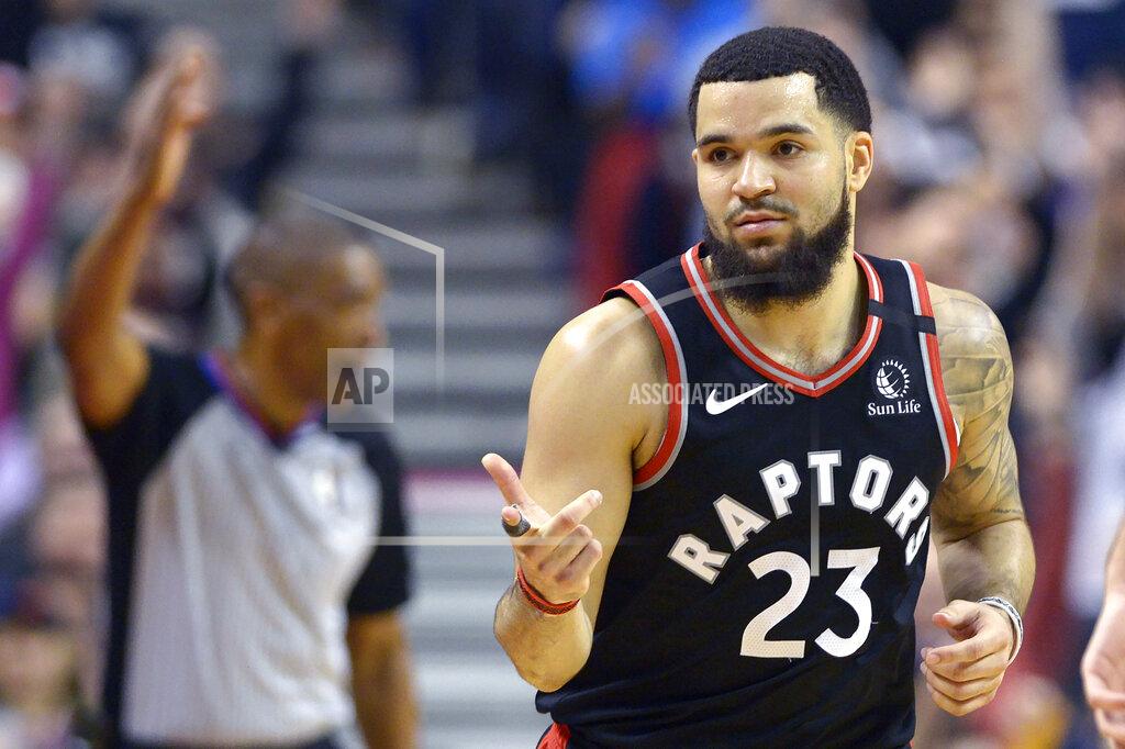 Toronto Raptors guard Fred VanVleet (23) reacts after hitting a three-pointer during the second half of an NBA basketball game against the Philadelphia 76ers, Wednesday, Jan. 22, 2020 in Toronto. (Nathan Denette/The Canadian Press via AP)