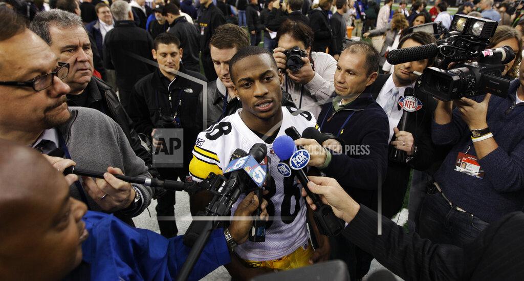 David J. Phillip FILE - Then-Pittsburgh Steelers' Emmanuel Sanders answers questions during media day for NFL football Super Bowl XLV in Arlington, Texas, in this Tuesday, Feb. 1, 2011, file photo. New Orleans Saints first-year receiver Emmanuel Sanders is trying to reach his fourth Super Bowl with a fourth different team.(AP Photo/David J. Phillip, File)