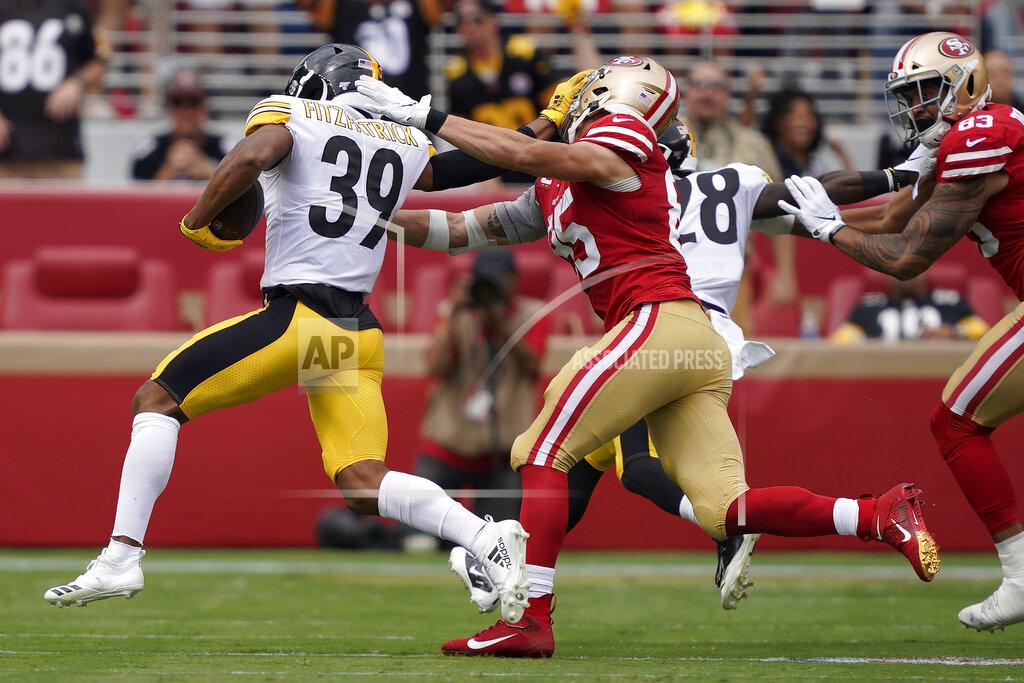 Tony Avelar Pittsburgh Steelers free safety Minkah Fitzpatrick (39) returns a turnover against San Francisco 49ers tight end George Kittle (85) during the first half of an NFL football game in Santa Clara, Calif., Sunday, Sept. 22, 2019. (AP Photo/Tony Avelar)