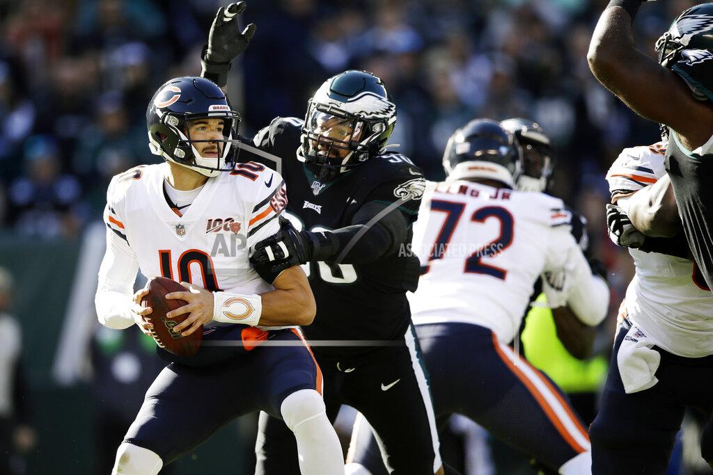 Matt Rourke Chicago Bears' Mitchell Trubisky (10) is tackled by Philadelphia Eagles' Derek Barnett (96) during the first half of an NFL football game, Sunday, Nov. 3, 2019, in Philadelphia. (AP Photo/Matt Rourke)