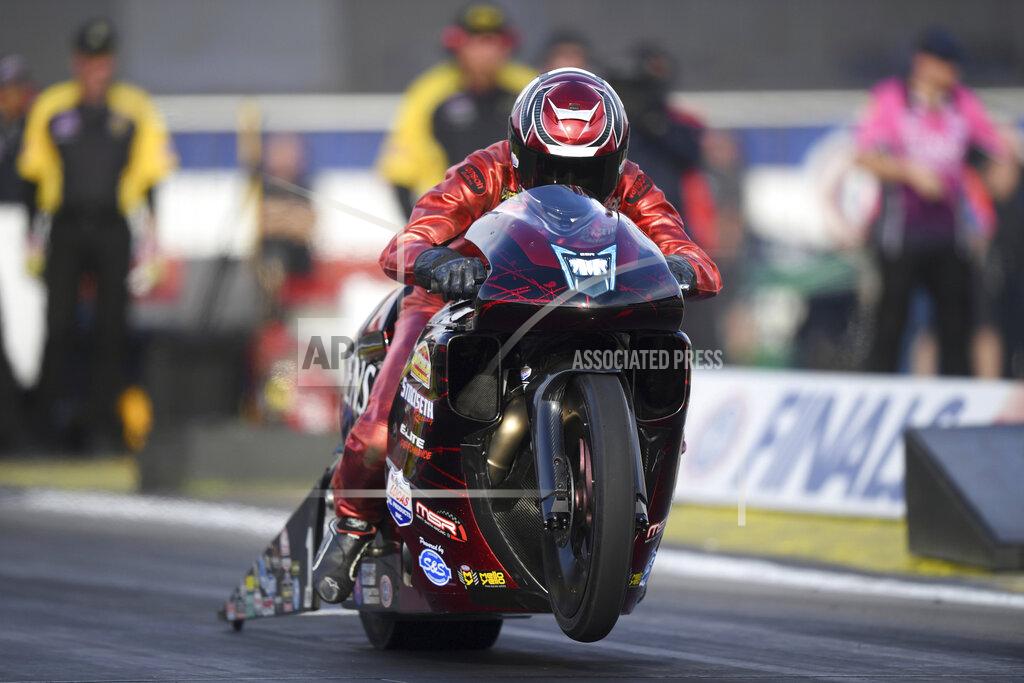Marc Gewertz In this photo provided by the NHRA, Matt Smith drives in Pro Stock Motorcycle qualifying for the Auto Club NHRA Finals on Friday, Nov. 15, 2019, at Auto Club Raceway in Pomona, Calif. (Marc Gewertz/NHRA via AP)