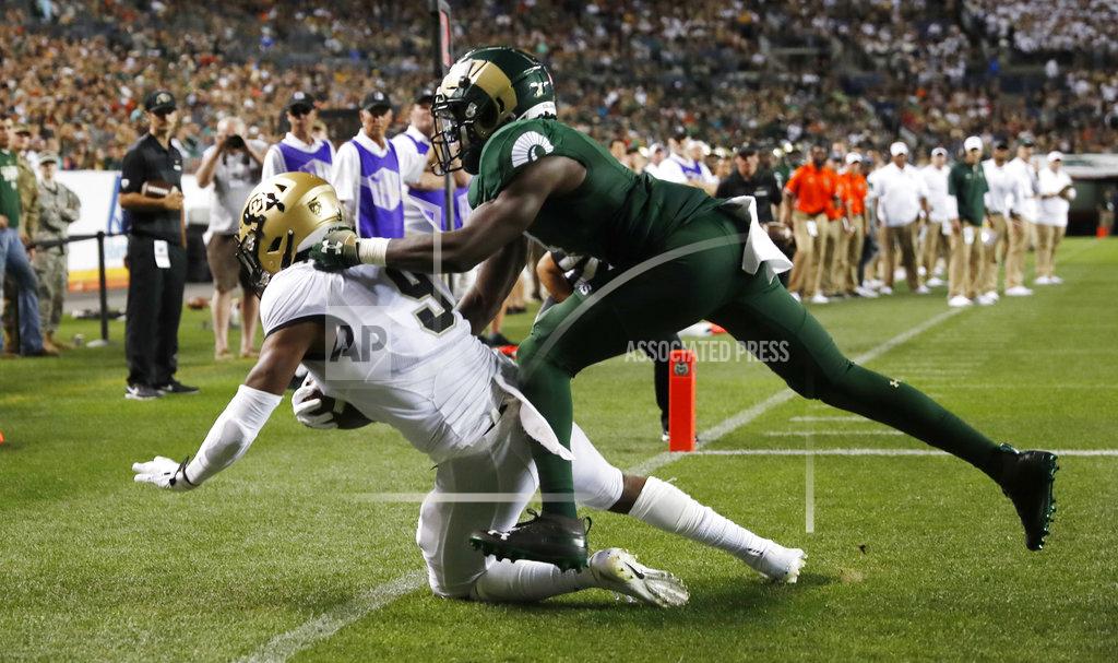 David Zalubowski Colorado wide receiver Juwann Winfree, left, pulls in a pass for a touchdown as Colorado State cornerback Rashad Ajayi defends in the first half of an NCAA college football game Friday, Aug. 31, 2018, in Denver. (AP Photo/David Zalubowski)