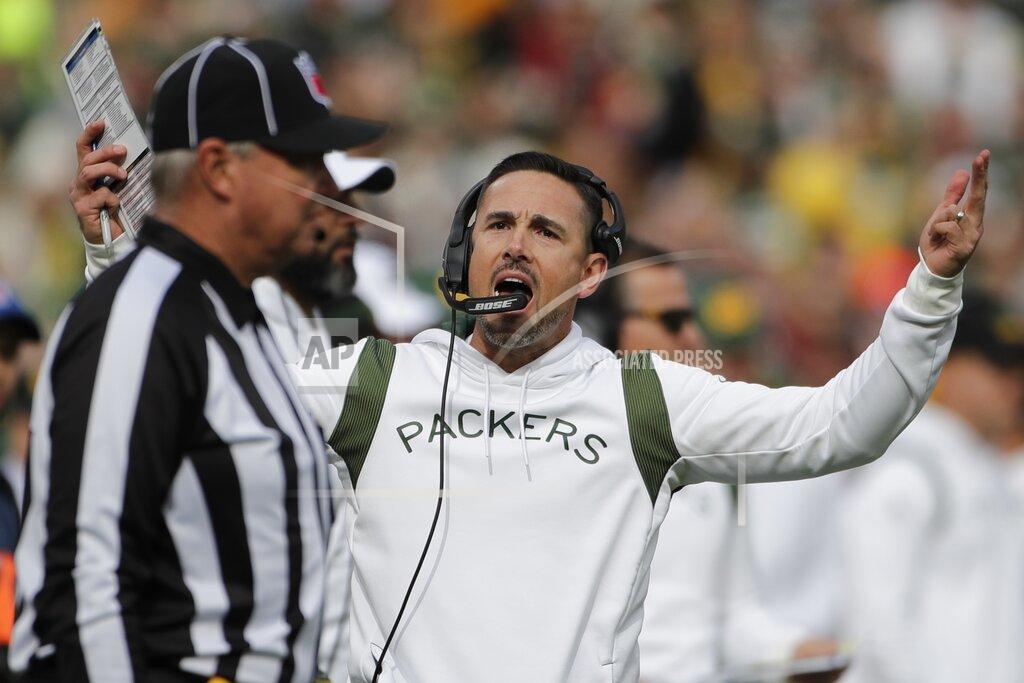 Aaron Gash Green Bay Packers head coach Matt LaFleur reacts to a call during the first half of an NFL football game against the Washington Football Team Sunday, Oct. 24, 2021, in Green Bay, Wis. (AP Photo/Aaron Gash)