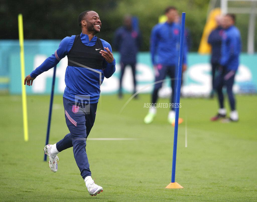 Nick Potts England's Raheem Sterling reacts, during a training session at Hotspur Way Training Ground in London, Monday June 21, 2021. England will play Czech Republic in the Euro 2020 tournament on Tuesday. (Nick Potts/PA via AP)