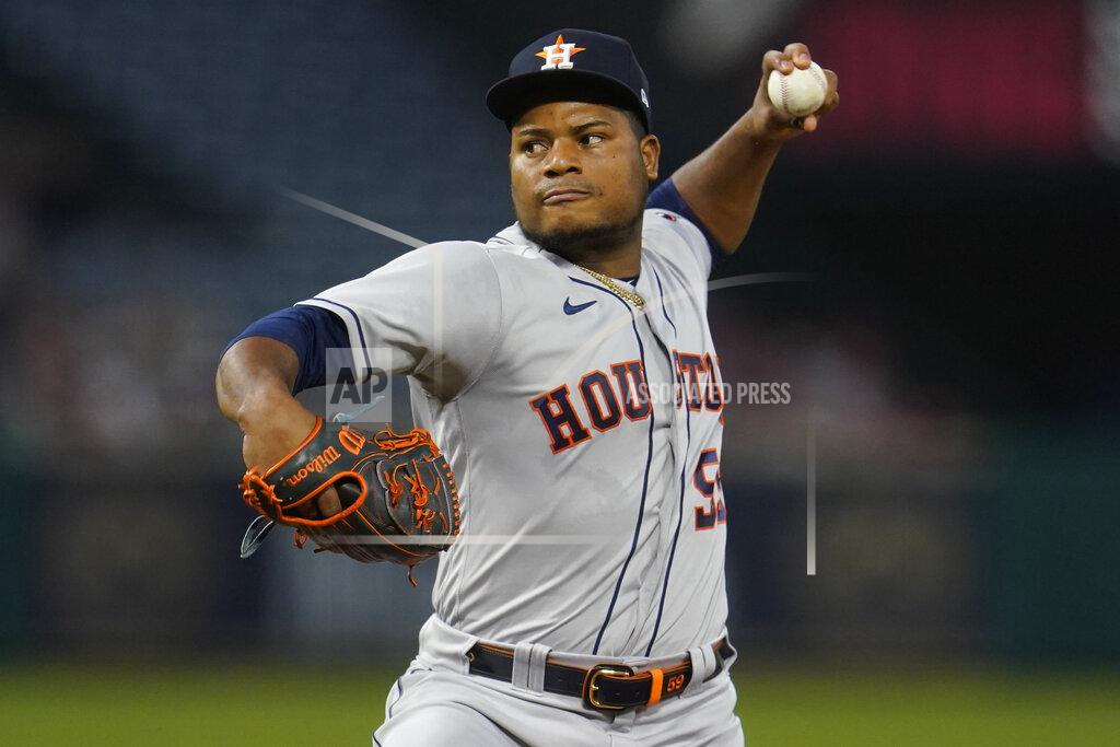 Marcio Jose Sanchez Houston Astros starting pitcher Framber Valdez throws to a Los Angeles Angels batter during the first inning of a baseball game Monday, Sept. 20, 2021, in Anaheim, Calif. (AP Photo/Marcio Jose Sanchez)