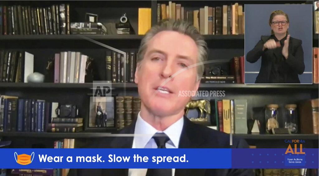 Uncredited This photo from video provided by the Office of the Governor shows California Gov. Gavin Newsom during a virtual briefing from his home in Sacramento, Calif., Monday, Nov. 30, 2020. California could see a tripling of hospitalizations by Christmas and is considering stay-home orders for areas with the highest case rates as it tries to keep severe coronavirus cases from overwhelming intensive care beds. Gov. Gavin Newsom warned Monday that without more restrictions the current nearly 7,800 patients hospitalized with the coronavirus could double or triple in a month. But the biggest concern is intensive care cases, which increased by 67% in the last two weeks. (Office of the Governor via AP)