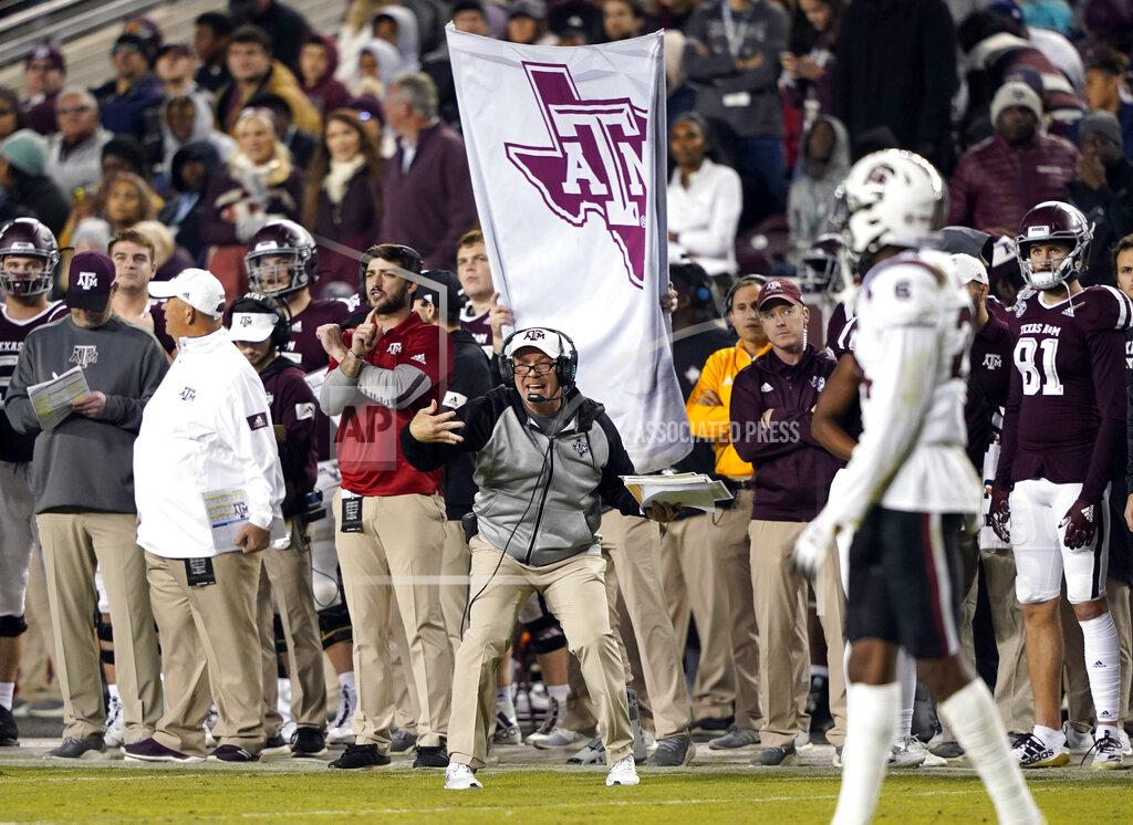 David J. Phillip Texas A&M coach Jimbo Fisher yells to his players during the second half of an NCAA college football game against South Carolina Saturday, Nov. 16, 2019, in College Station, Texas. (AP Photo/David J. Phillip)