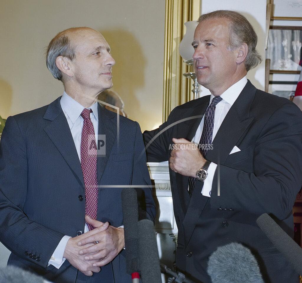 John Duricka FILE - Sen. Joseph Biden, D-Del., chairman of the Senate Judiciary Committee, right, talks to President Clinton's Supreme Court nominee Stephen Breyer on Capitol Hill in Washington, on May 17, 1994. Breyer said in a letter to President Joe Biden that his retirement will take effect on Thursday, June 30, 2022, at noon, after nearly 28 years on the nation’s highest court. (AP Photo/John Duricka, File)