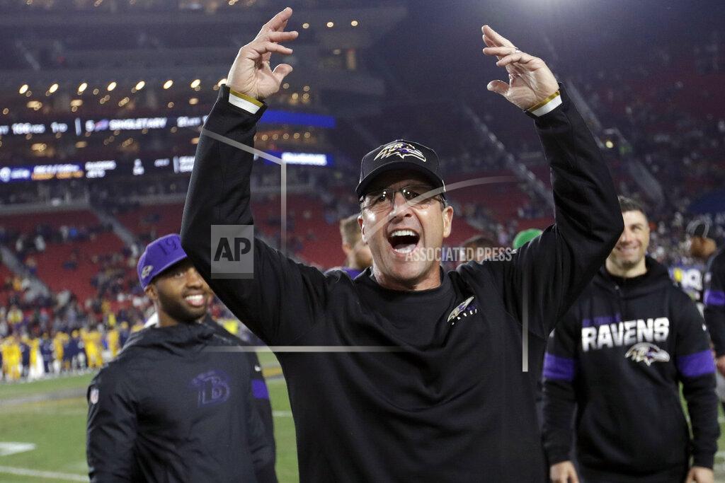 Marcio Jose Sanchez FILE - In this Nov. 25, 2019, file photo, Baltimore Ravens head coach John Harbaugh celebrates after their win against the Los Angeles Rams during an NFL football game in Los Angeles. After a loss to the Cleveland Browns earlier this season, Harbaugh gathered the players in the locker room to provide his candid take on the state of an underachieving squad that looked nothing like a Super Bowl contender. Flash forward to last Sunday, when the Ravens completed the regular season with a 14-2 record by beating the Pittsburgh Steelers 28-10 despite resting seven starters because they had already clinched the top seed in the AFC for the first time in franchise history. Comeback complete. (AP Photo/Marcio Jose Sanchez, File)