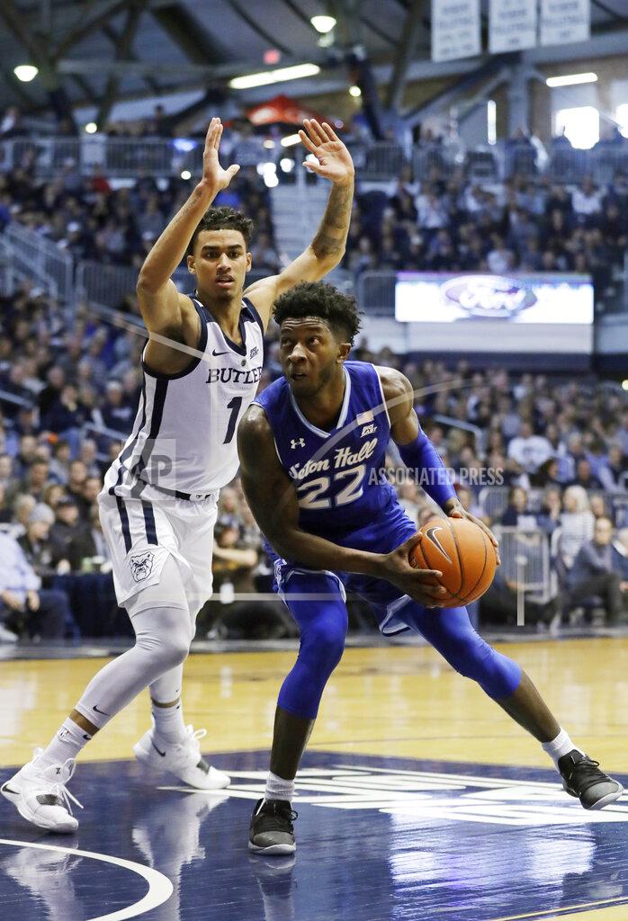 Darron Cummings Seton Hall's Myles Cale (22) goes to the basket against Butler's Jordan Tucker (1) during the second half of an NCAA college basketball game, Saturday, Feb. 2, 2019, in Indianapolis. Butler won 70-68. (AP Photo/Darron Cummings)