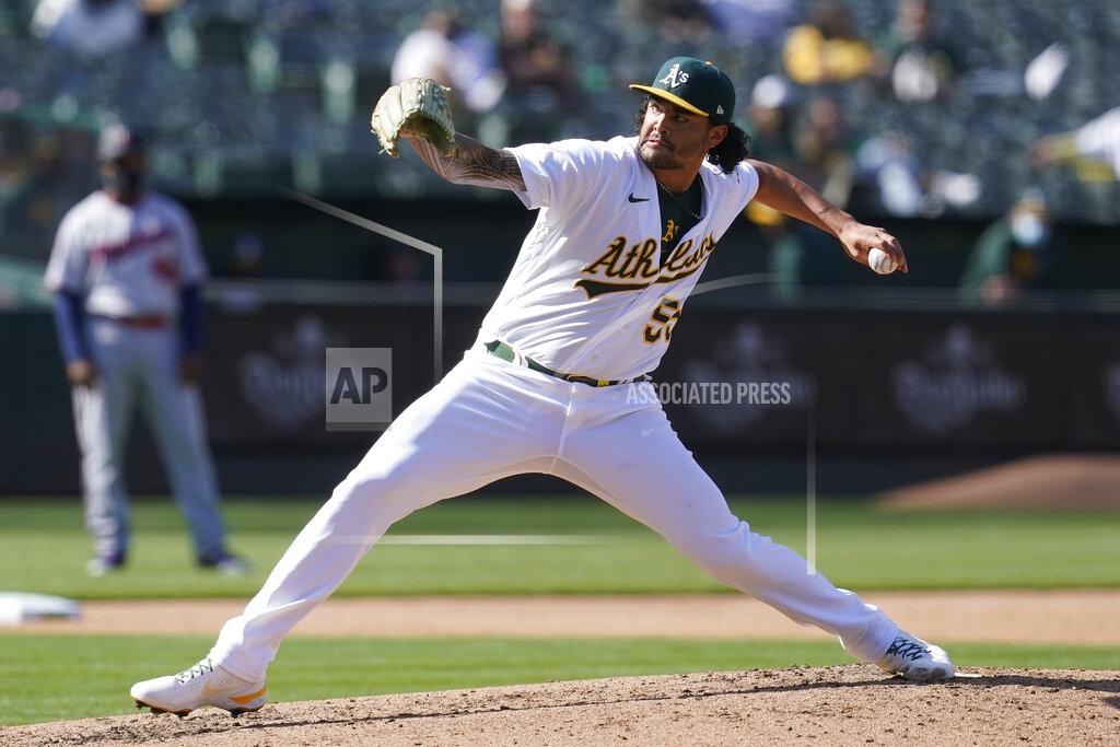 Jeff Chiu Oakland Athletics' Sean Manaea pitches against the Minnesota Twins during the fourth inning of the first baseball game of a doubleheader in Oakland, Calif., Tuesday, April 20, 2021. (AP Photo/Jeff Chiu)