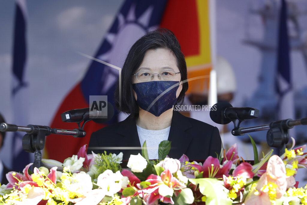 Chiang Ying-Ying Taiwan's President Tsai Ing-wen delivers a keynote speech during the commissioning ceremony of the the domestically made Ta Jiang warship at the Suao naval base in Yilan county, Taiwan, Thursday, Sept. 9, 2021. Taiwan's president oversaw the commissioning of the new domestically made navy warship Thursday as part of the island's plan to boost indigenous defense capacity amid heightened tensions with China. (AP Photo/Chiang Ying-ying)