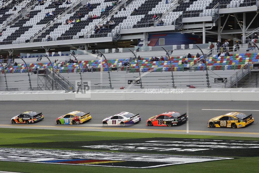 Chris O'meara Christopher Bell (95), Kyle Busch (18), Denny Hamlin (11), Martin Truex Jr. (19) and Erik Jones (20) draft each other during a practice session for the NASCAR Daytona 500 auto race Friday, Feb. 14, 2020, at Daytona International Speedway in Daytona Beach, Fla. (AP Photo/Chris O'Meara)