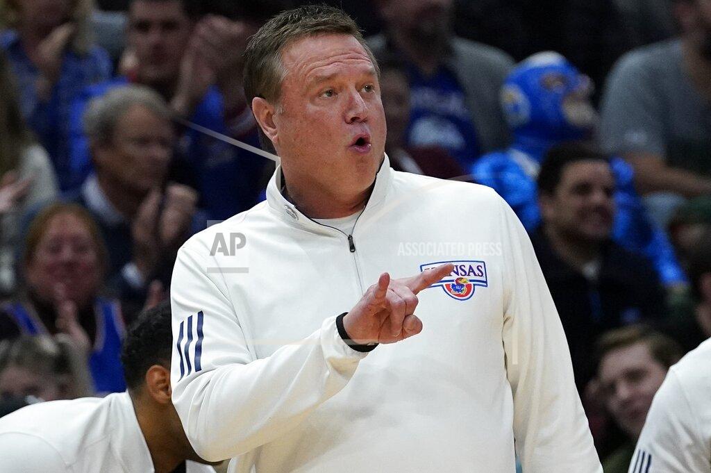 Nam Y. Huh Kansas head coach Bill Self reacts during the first half of a college basketball game in the Sweet 16 round of the NCAA tournament Friday, March 25, 2022, in Chicago. (AP Photo/Nam Y. Huh)