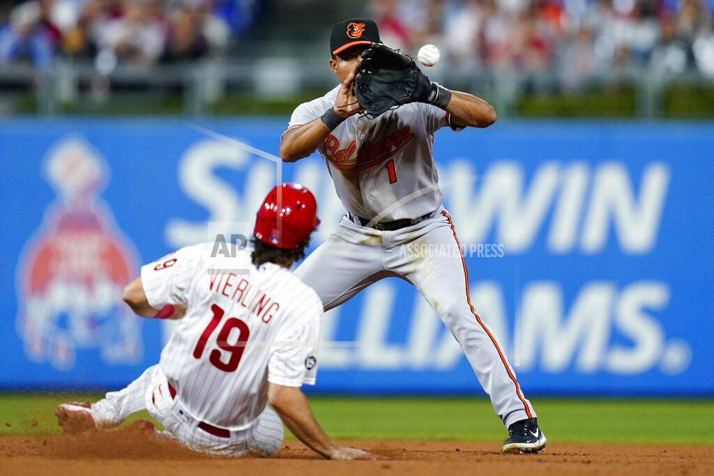 Matt Slocum Baltimore Orioles shortstop Richie Martin, right, forces out Philadelphia Phillies' Matt Vierling at second base on a fielder's choice hit into by Didi Gregorius during the seventh inning of an interleague baseball game, Monday, Sept. 20, 2021, in Philadelphia. Gregorius was safe at first on the play. (AP Photo/Matt Slocum)