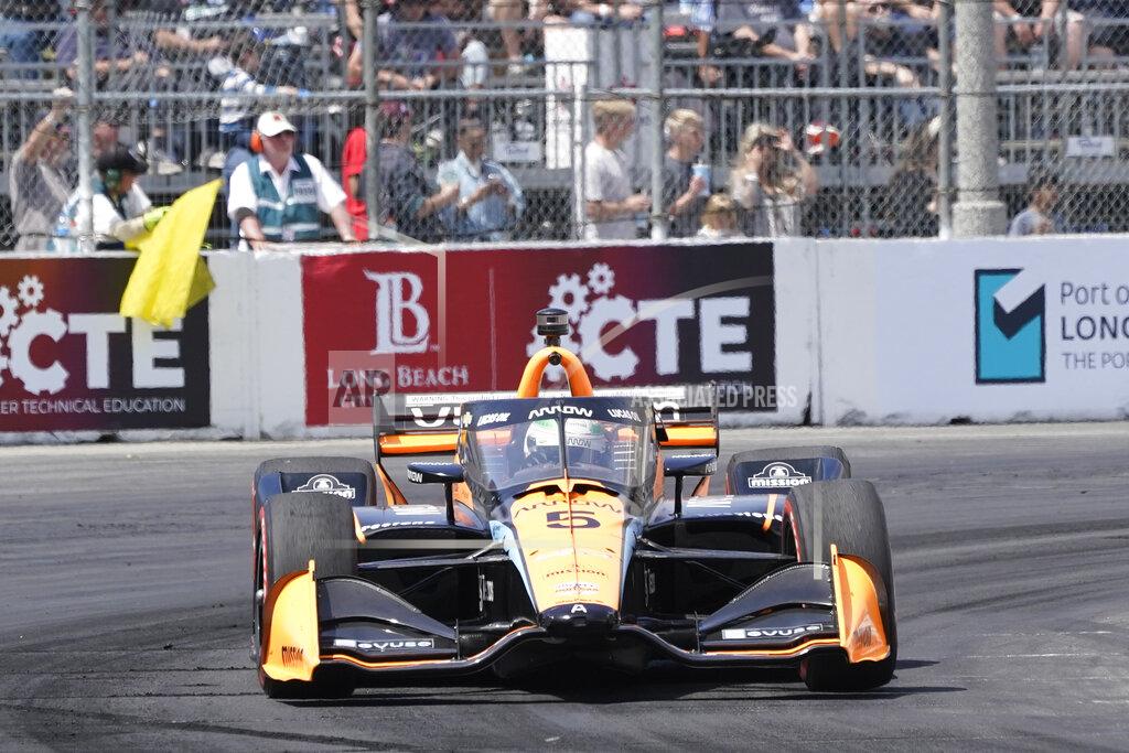 Ashley Landis Arrow McLaren SP driver Pato O'Ward (5) of Mexico competes during an IndyCar auto race at the Grand Prix of Long Beach on Sunday, April 10, 2022, in Long Beach, Calif. (AP Photo/Ashley Landis)