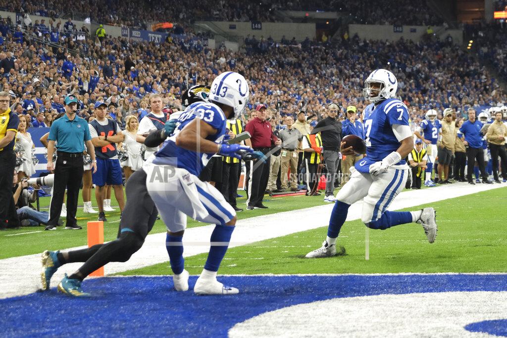Aj Mast Indianapolis Colts quarterback Jacoby Brissett (7) runs in for a touchdown during the second half of an NFL football game against the Jacksonville Jaguars, Sunday, Nov. 17, 2019, in Indianapolis. (AP Photo/AJ Mast)