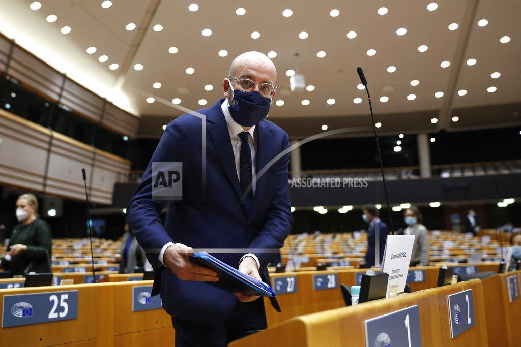 Francisco Seco European Council President Charles Michel arrives to the main chamber for a plenary session on the inauguration of the new President of the United States and the current political situation, at the European Parliament in Brussels, Wednesday, Jan. 20, 2021. (AP Photo/Francisco Seco, Pool)