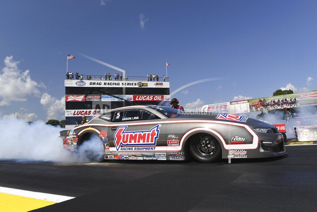 Marc Gewertz In this photo provided by the NHRA, Jason Line drives in Pro Stock qualifying Friday, Aug. 16, 2019, at the Lucas Oil NHRA Nationals drag races at Brainerd International Raceway in Brainerd, Minn. Line had a run of 6.606 seconds at 207.27 mph. (Marc Gewertz/NHRA via AP)